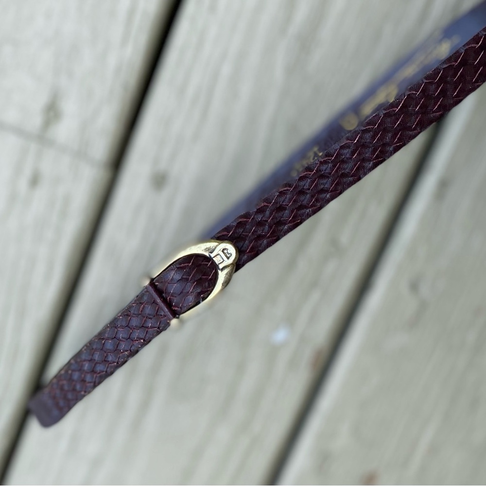 Etienne Aigner - VTG 1/2”W brown braided belt with brass logo buckle, Size: 28”